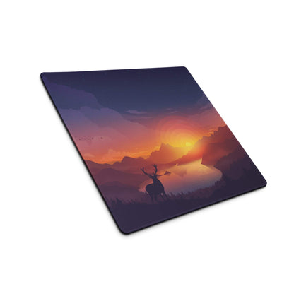 Tranquil purple mountain sunset gaming mouse pad with deer silhouette