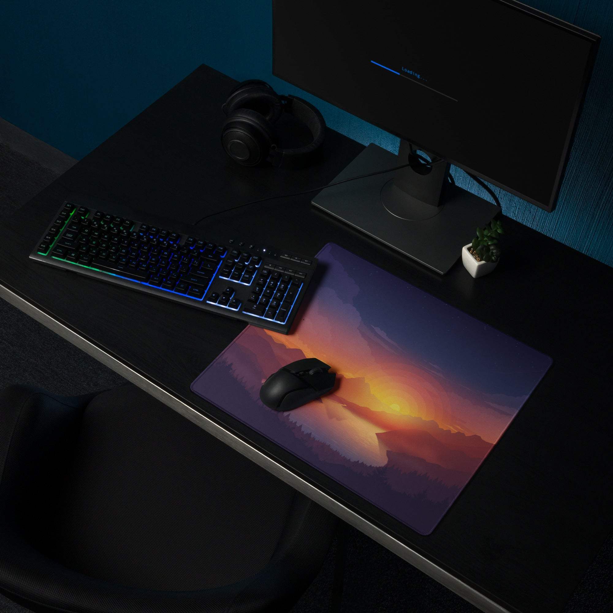 Tranquil purple mountain sunset gaming mouse pad with non-slip base