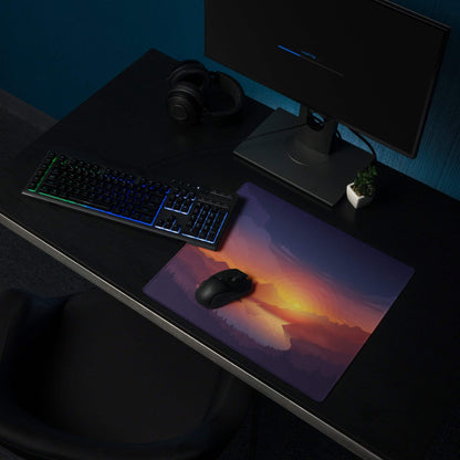 Tranquil purple mountain sunset gaming mouse pad with non-slip base