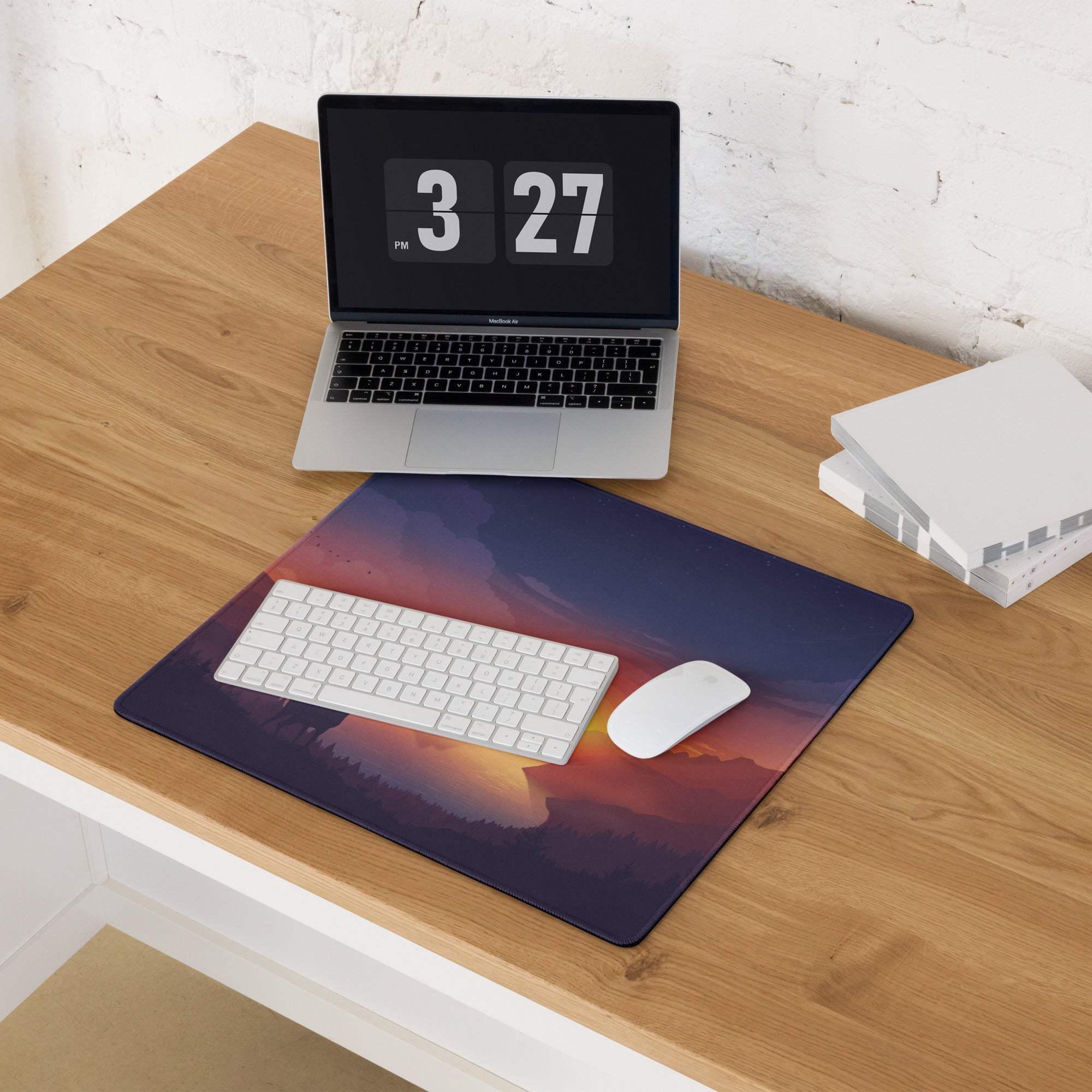 Tranquil purple mountain sunset gaming mouse pad with non-slip base