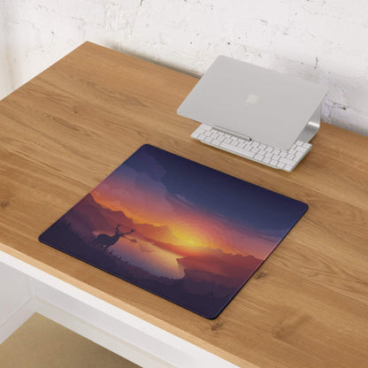 Tranquil purple mountain sunset gaming mouse pad with elk silhouette