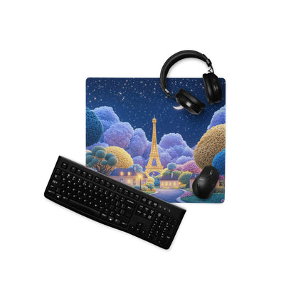 Dreamy Paris Nightscape large gaming mouse pad with Eiffel Tower starry sky