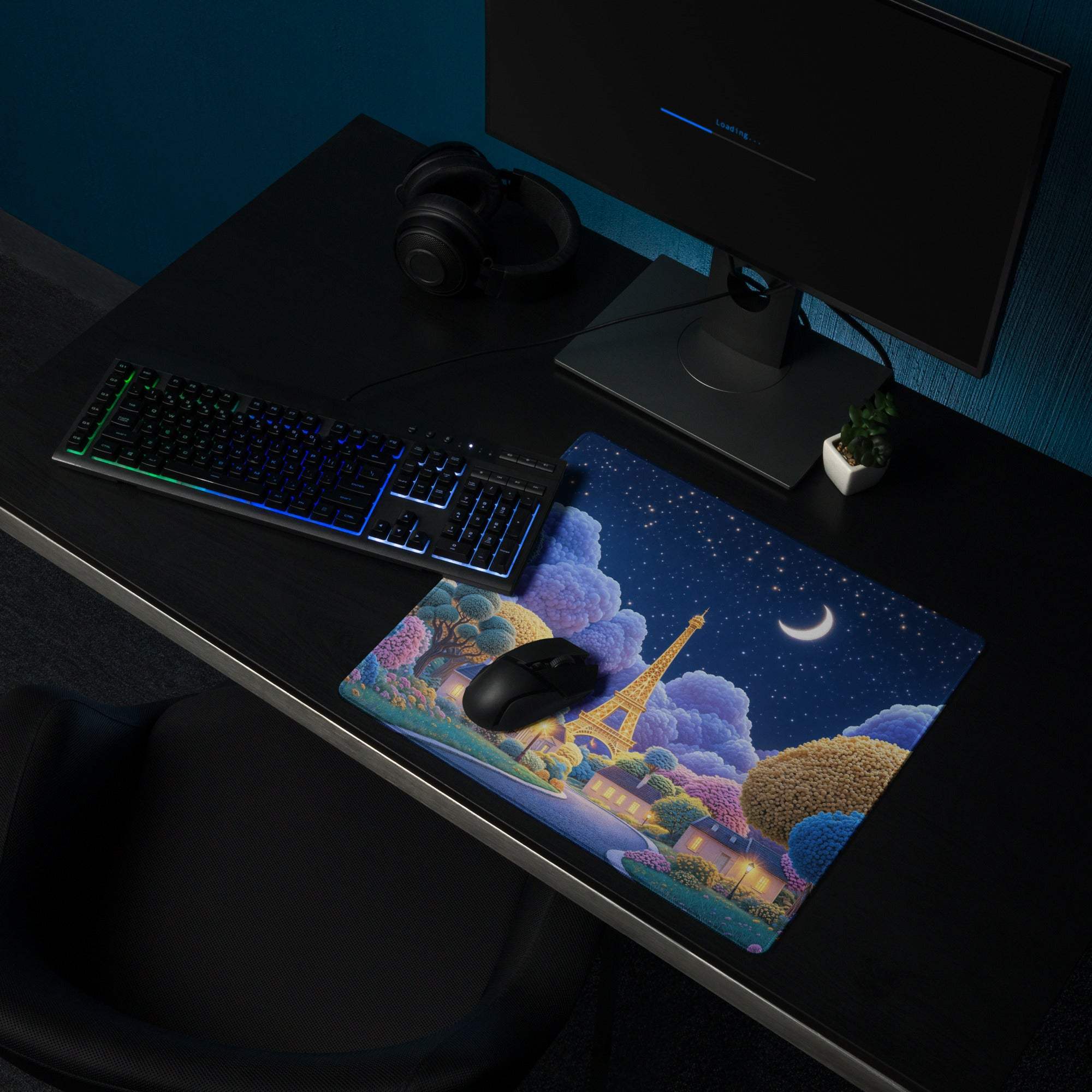 Dreamy Paris Nightscape gaming mouse pad with Eiffel Tower moon scene