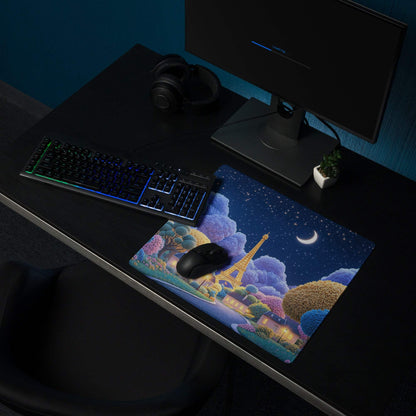 Dreamy Paris Nightscape gaming mouse pad with Eiffel Tower moon scene