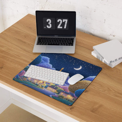 Blue fantasy gaming mouse pad with Paris nightscape, stars, moon, hills