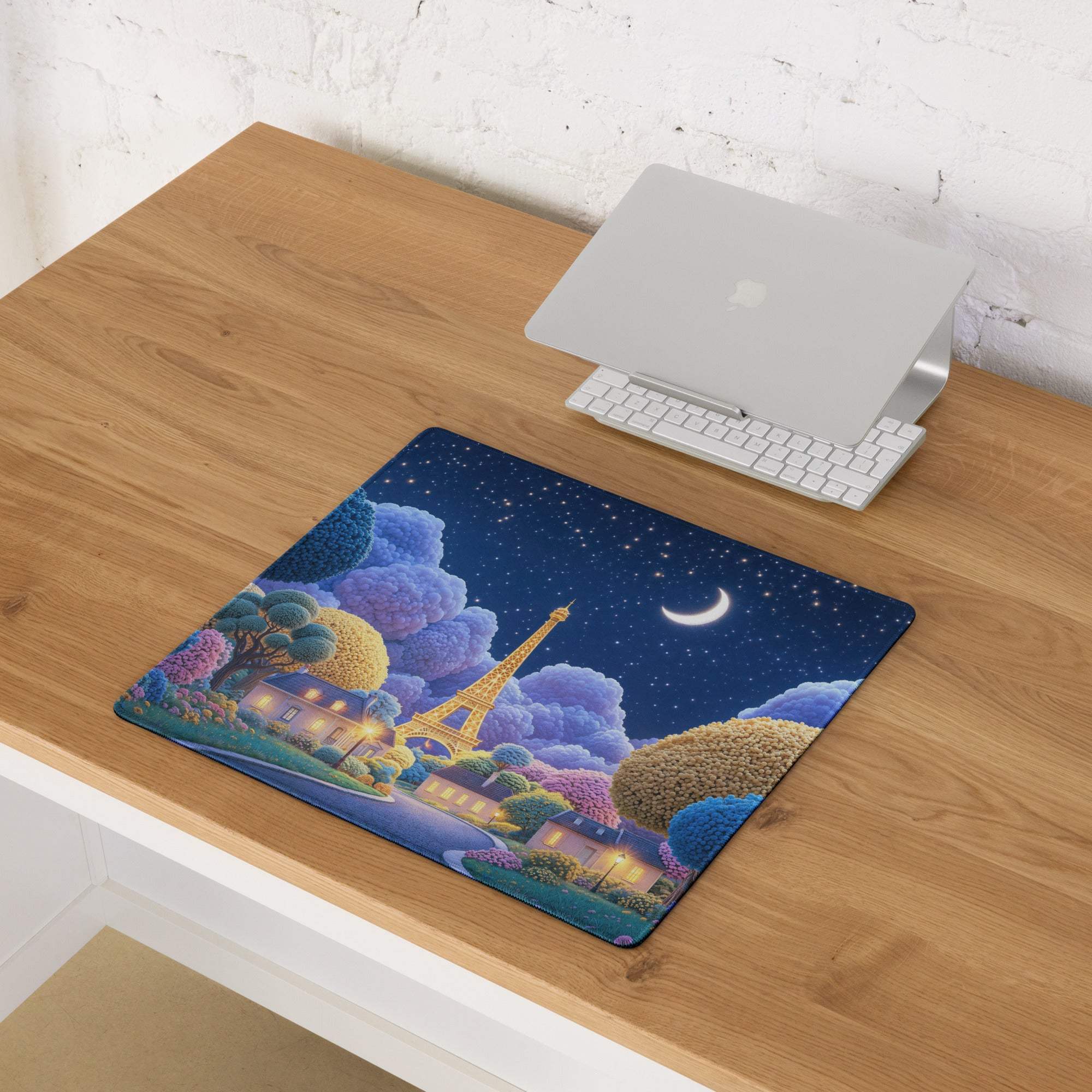 Dreamy Paris Nightscape large gaming mouse pad with Eiffel Tower starry sky