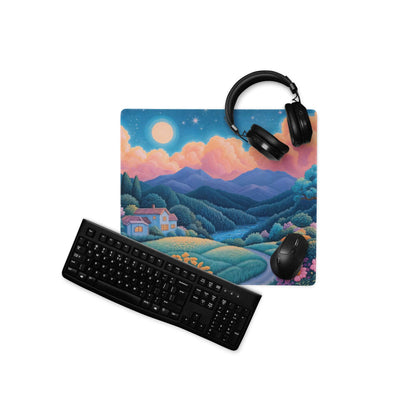 Dreamy landscape mountain village gaming mouse pad with sunset orange twilight sky
