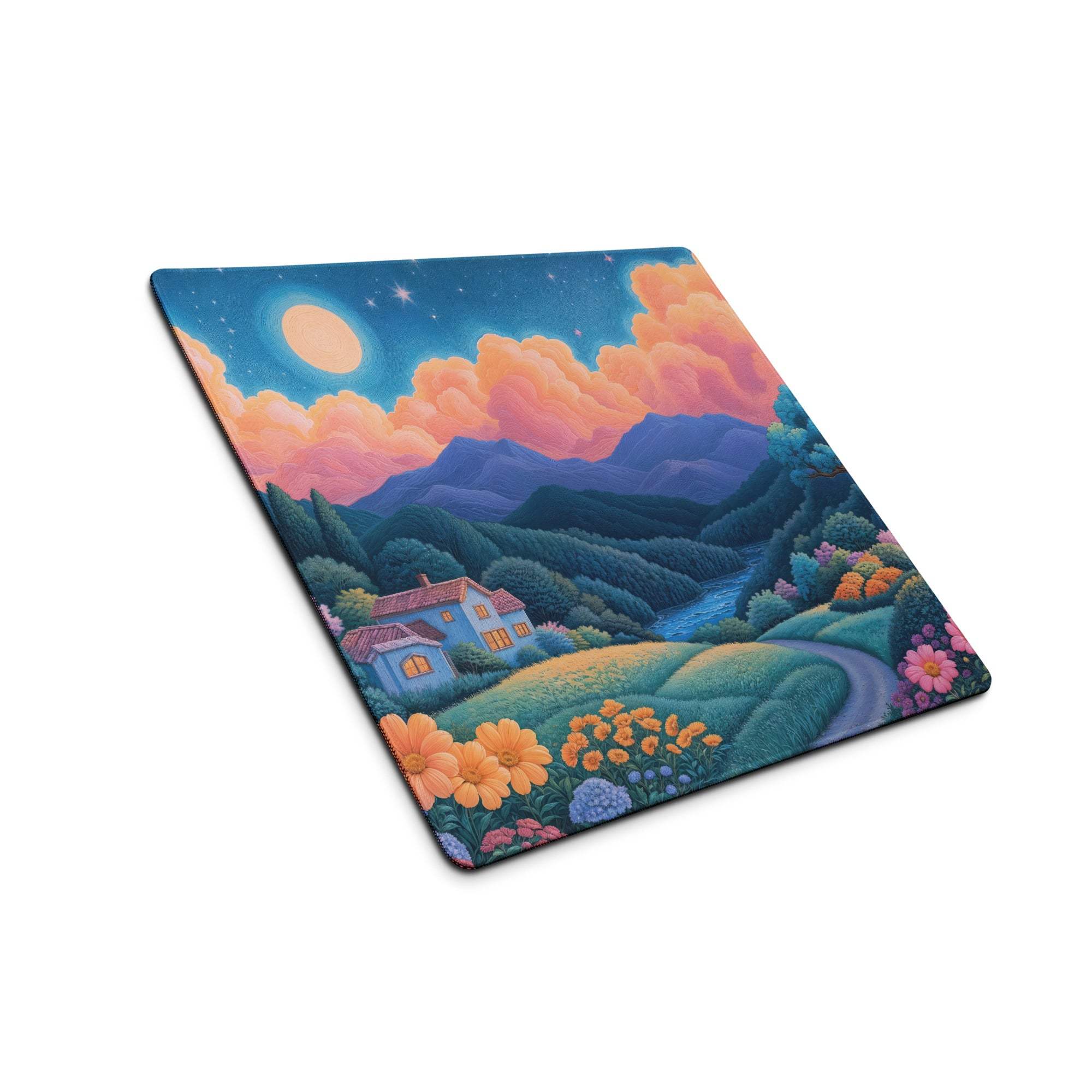 Dreamy landscape large gaming mouse pad with mountains, starry sky, sunset orange, azure blues, non-slip base