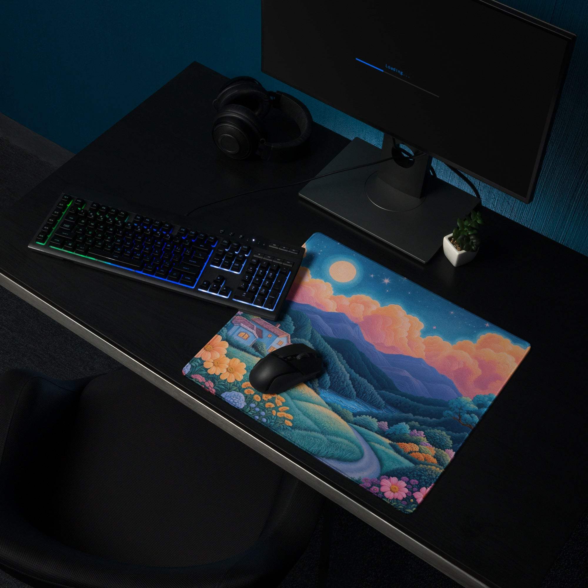 Dreamy Landscape Mountain Village large gaming mouse pad with sunset orange and azure blues