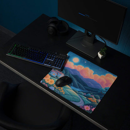 Dreamy Landscape Mountain Village large gaming mouse pad with sunset orange and azure blues