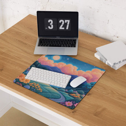 Dreamy landscape large gaming mouse pad with rolling hills, flowers, sunset orange, azure blues