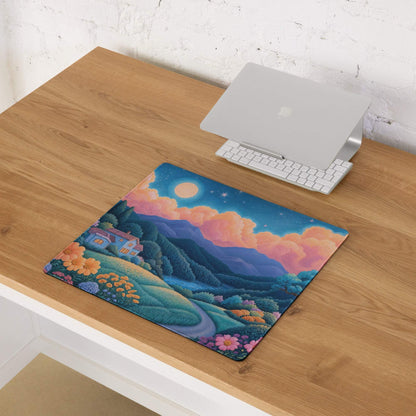 Dreamy landscape large gaming mouse pad with sunset orange, azure blues, hills, moon