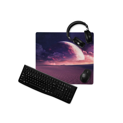 Black wireless gaming headset on Cosmic Dusk Nebula purple pink mouse pad