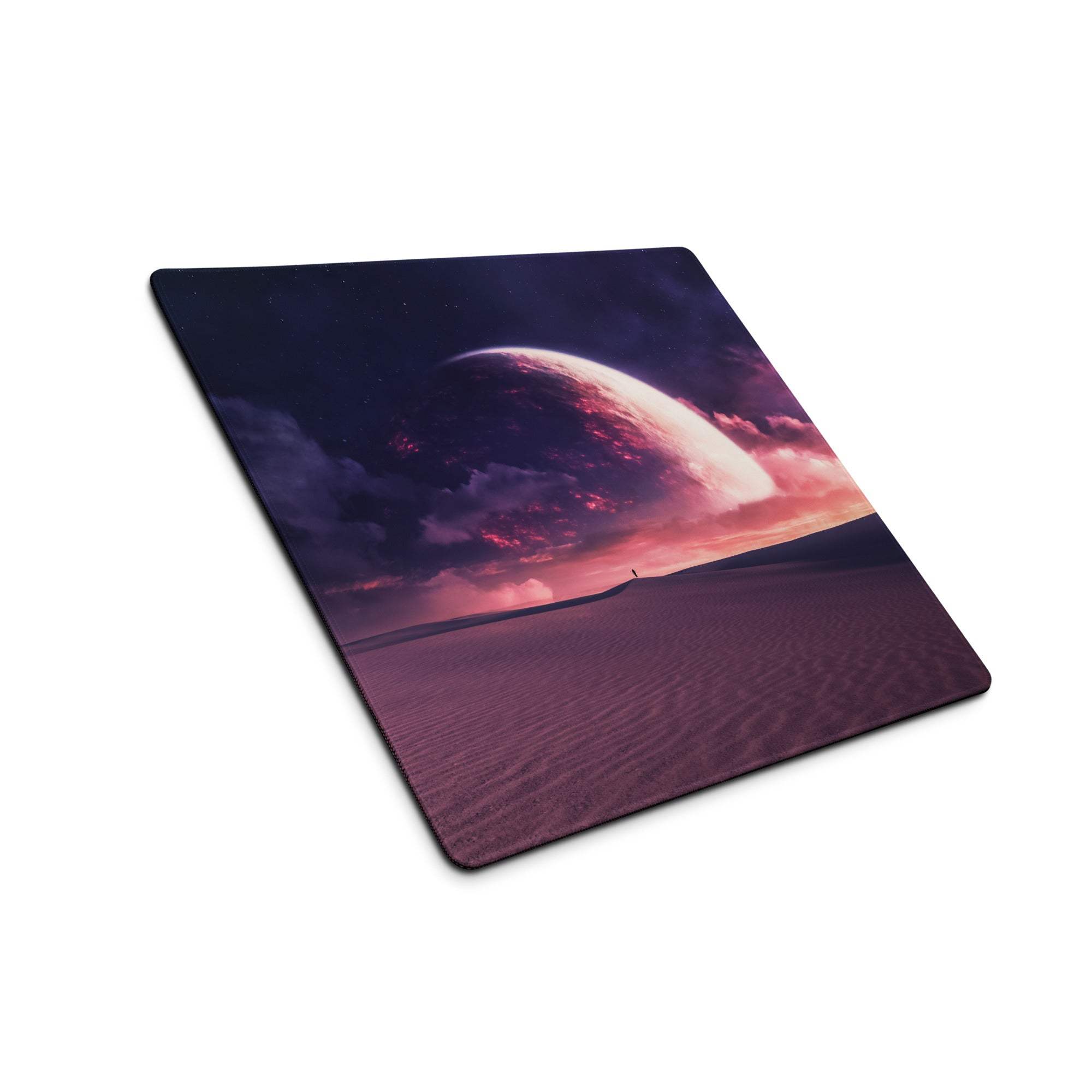 Cosmic Dusk Nebula gaming mouse pad with pink purple planet over desert
