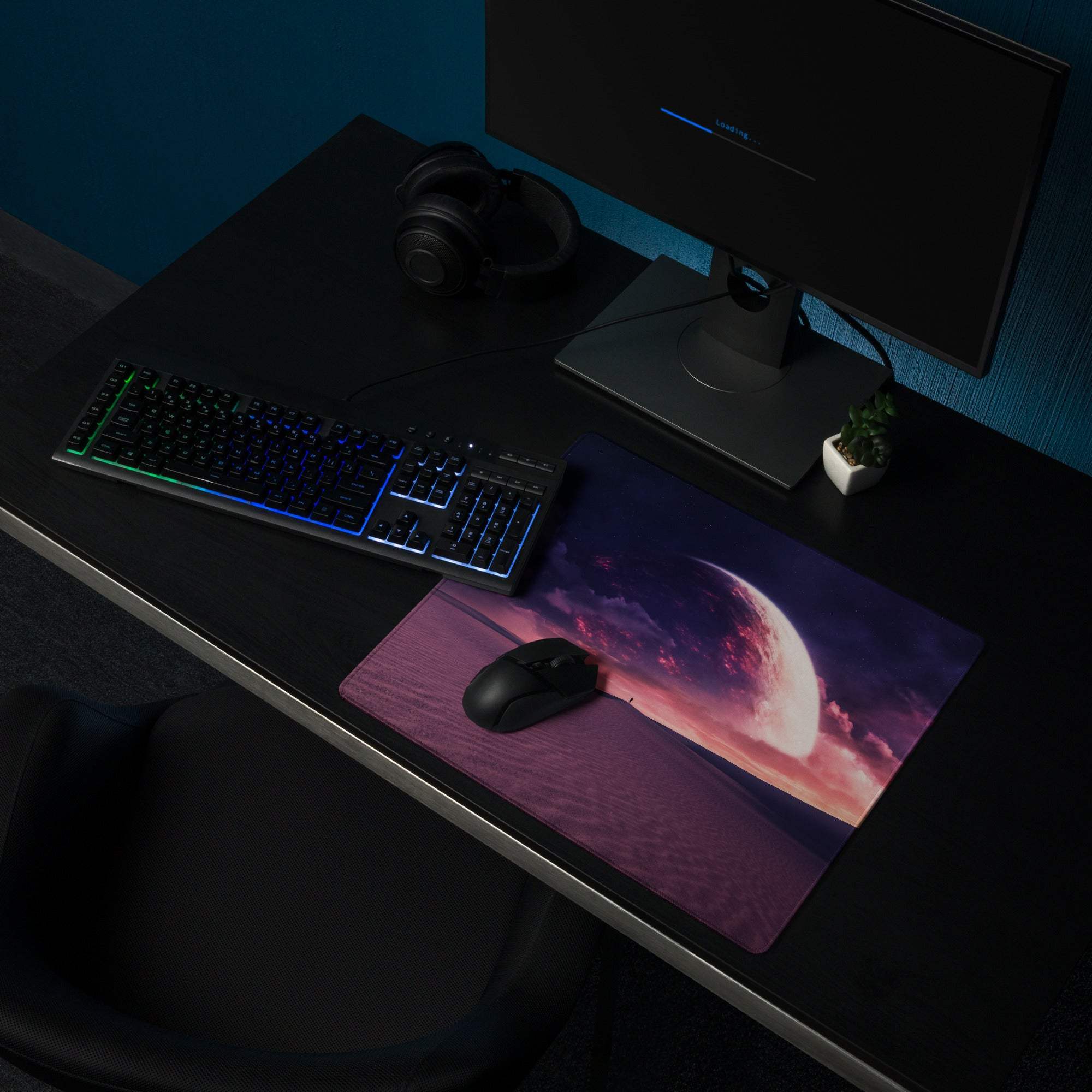Cosmic Dusk Nebula gaming mousepad with purple pink nebula planet