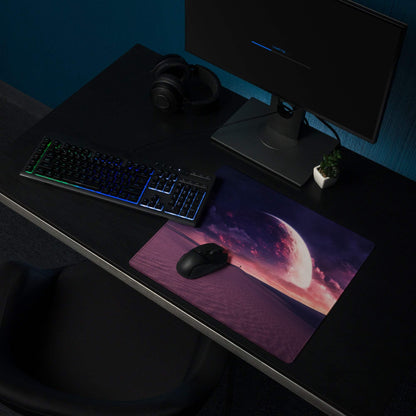 Cosmic Dusk Nebula gaming mousepad with purple pink nebula planet