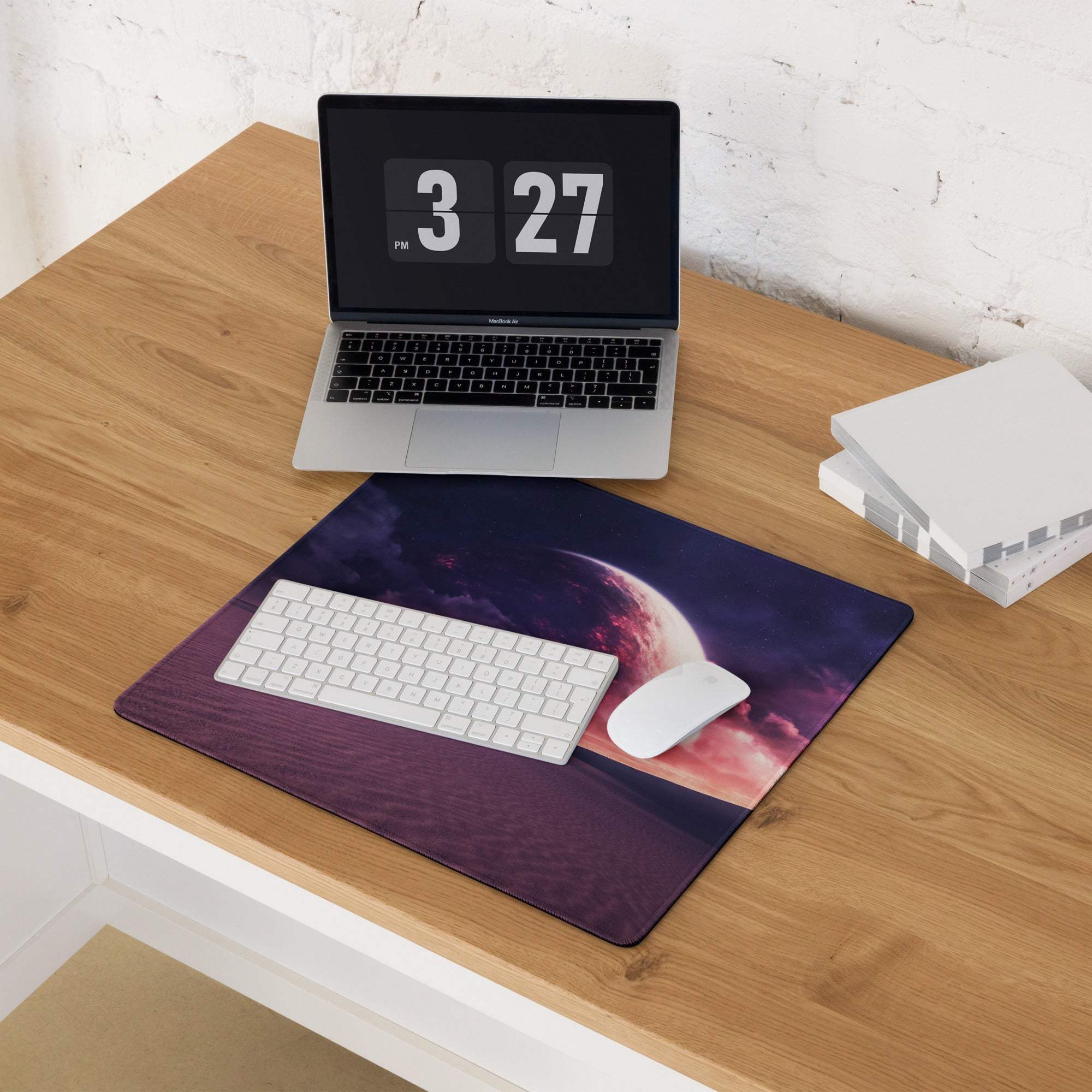 Cosmic Dusk Nebula gaming mousepad with purple pink starry planet design