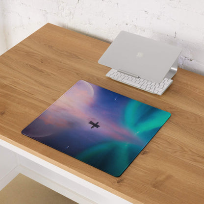Dreamy aurora gaming mouse pad with airplane silhouette and non-slip backing