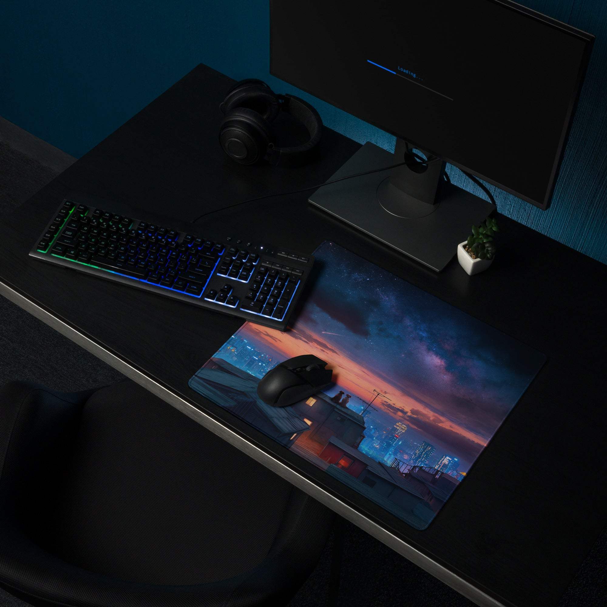 Epic Twilight Sunset City Skyline gaming mouse pad at dusk