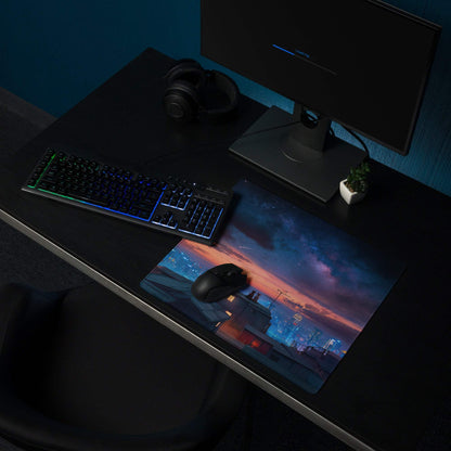 Epic Twilight Sunset City Skyline gaming mouse pad at dusk