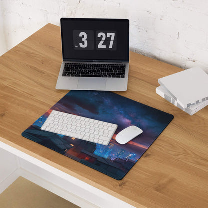 Navy blue purple cosmic cityscape gaming mousepad with non-slip edges