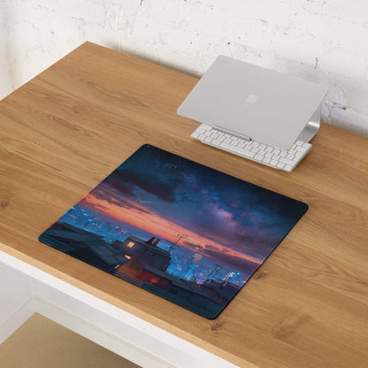 Epic Twilight Sunset City Skyline gaming mouse pad with dusk cityscape