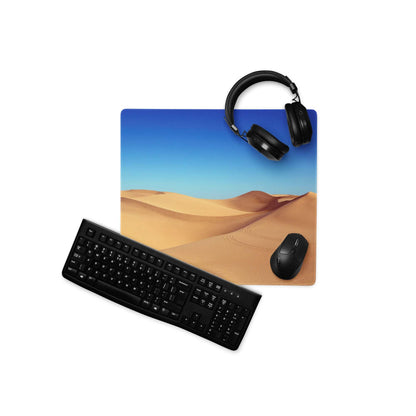 Desert Dunes Sunrise large gaming mousepad with headphones on dunes
