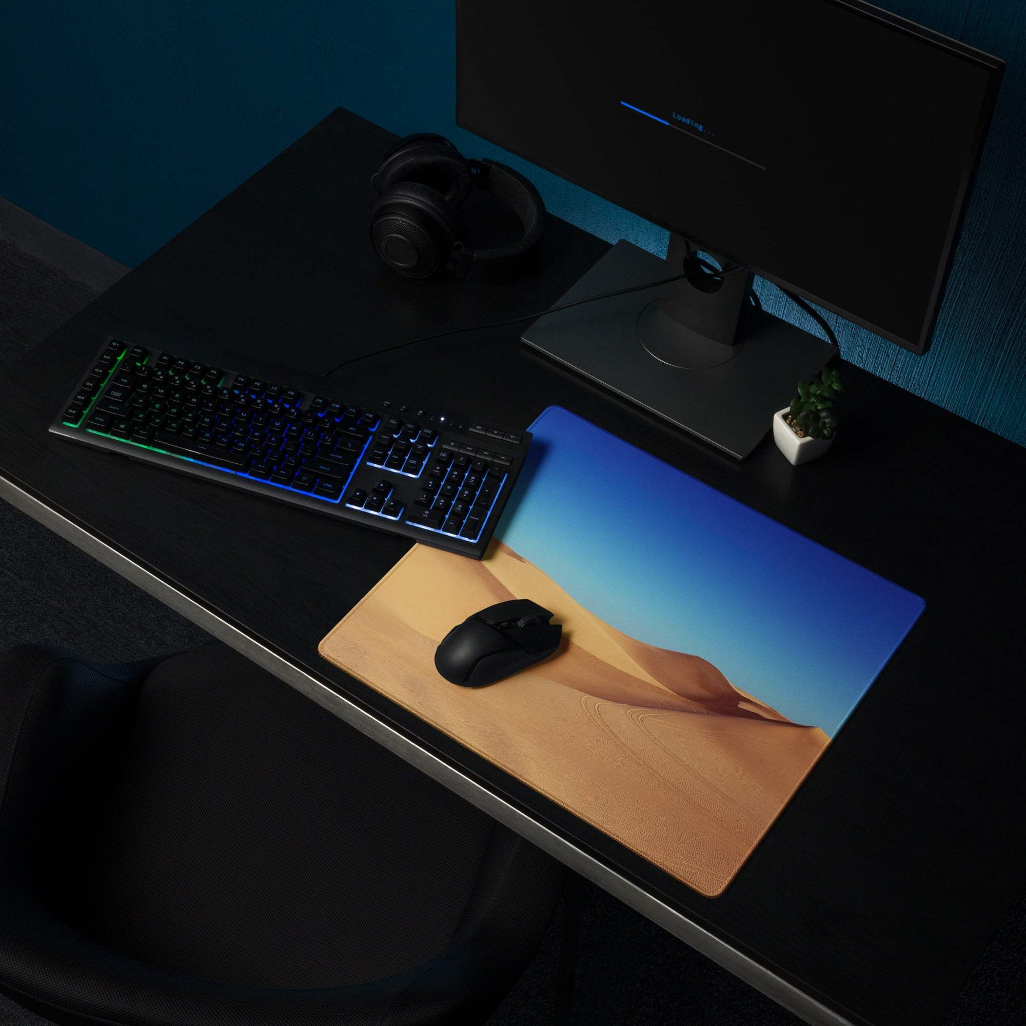 Desert Dunes Sunrise large gaming mouse pad with sand dunes and blue sky