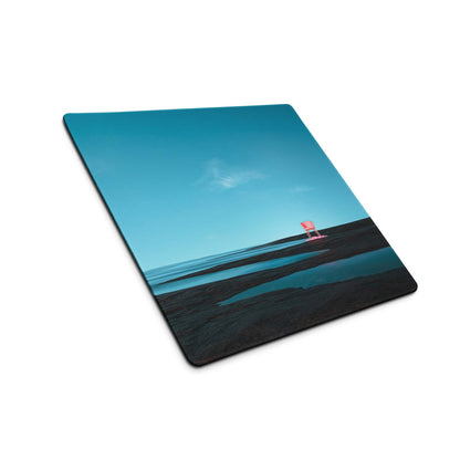 Calm ocean blue gaming mouse pad with pink lifeguard chair beach scene