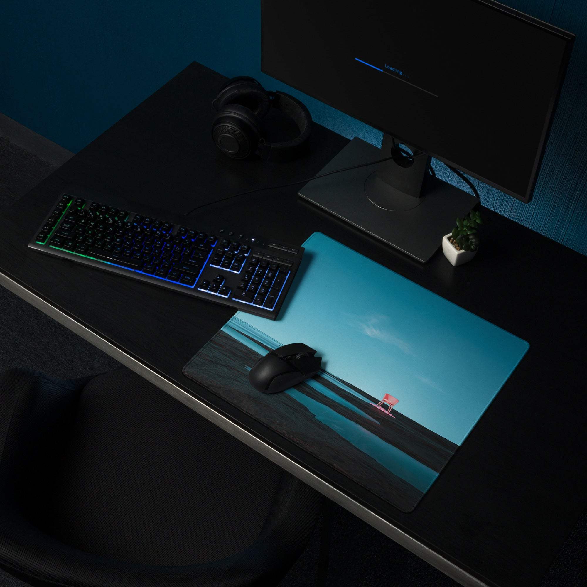 Blue ocean gaming mouse pad with pink lifeguard chair design