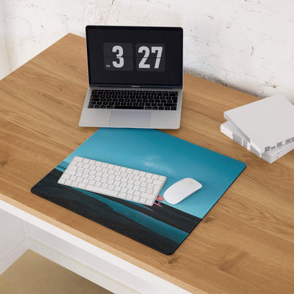 Calm ocean blue landscape gaming mouse pad with pink flamingo, large non-slip base