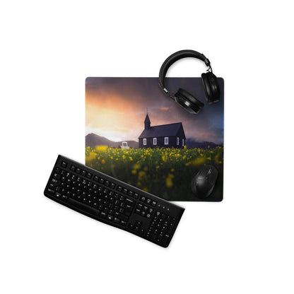 Epic sunset field church landscape large gaming mouse pad, black rectangular with non-slip backing