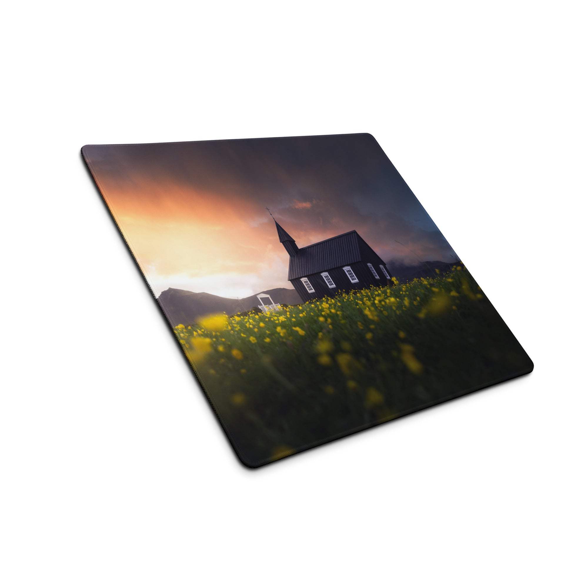 Black church sunset over yellow flowers gaming mouse pad