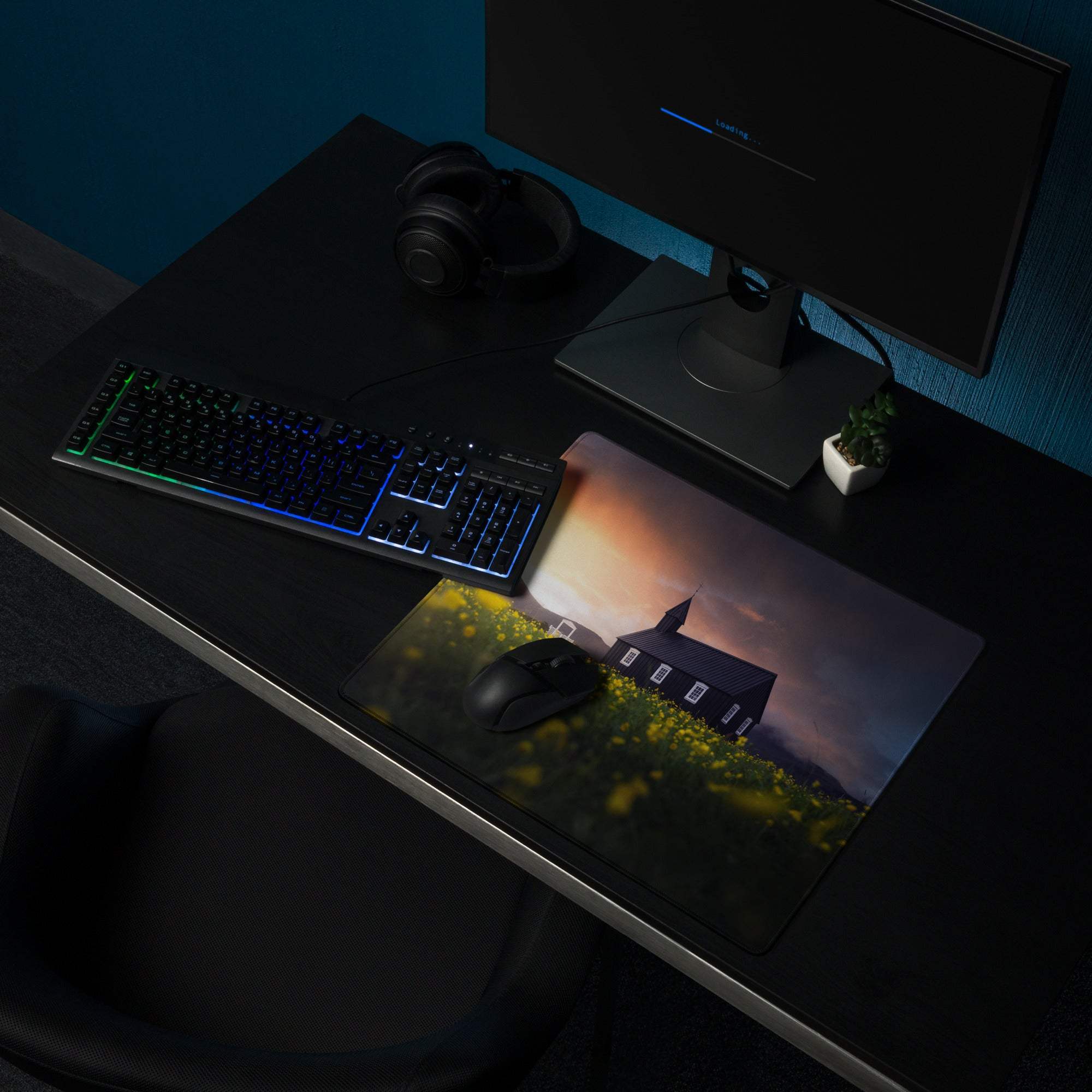 Epic Sunset Field Church large gaming mouse pad with sunset silhouette