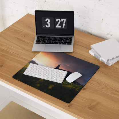 Epic Sunset Field Church large gaming mouse pad on wooden desk
