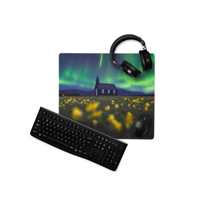 Aurora borealis gaming mouse pad with church silhouette, flowers, headphones, keyboard, mouse