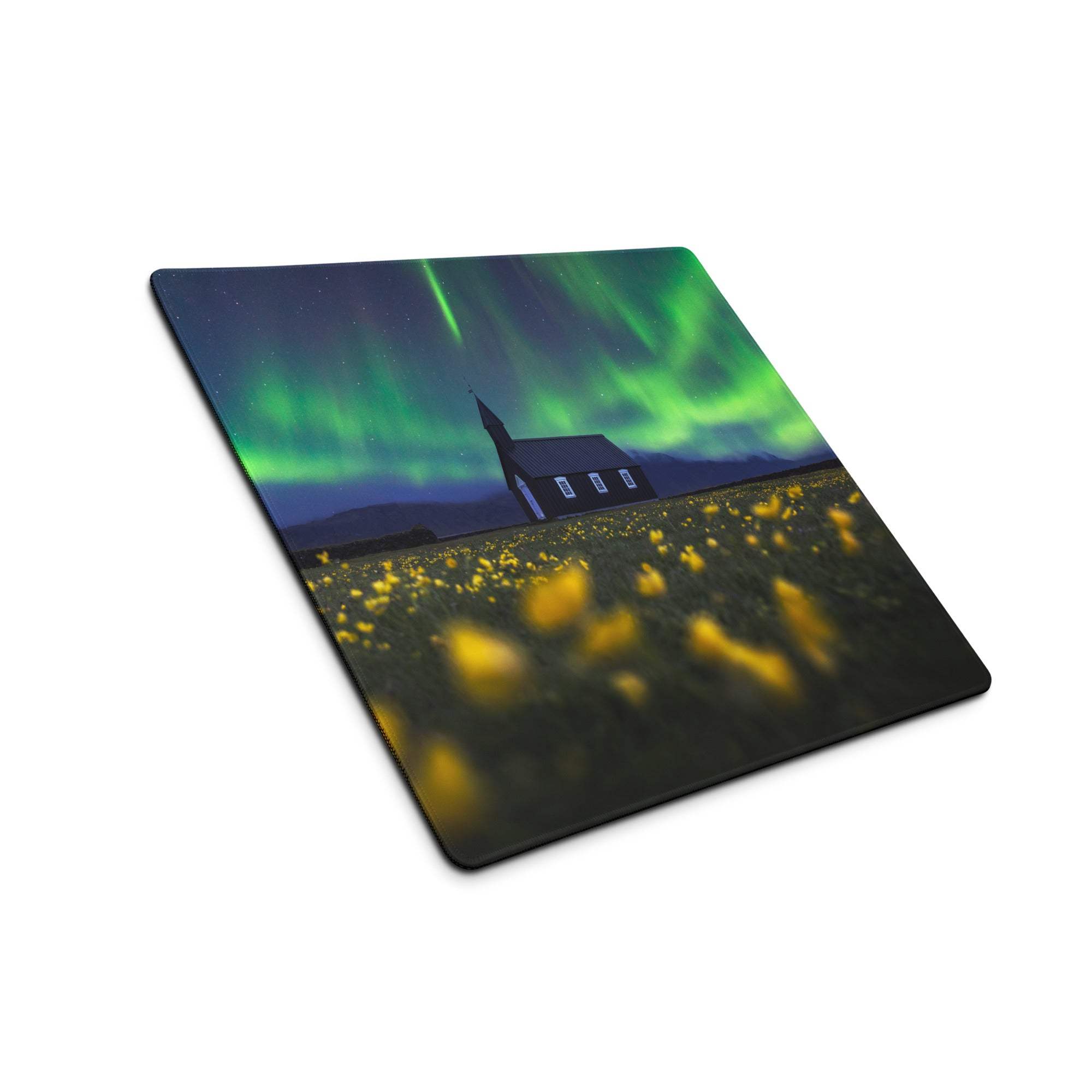Large Aurora Northern Lights gaming mouse pad with black church under green auroras and yellow flowers