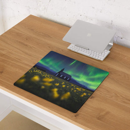 Large aurora borealis gaming mouse pad with non-slip base, vibrant green purple lights over house in yellow flowers