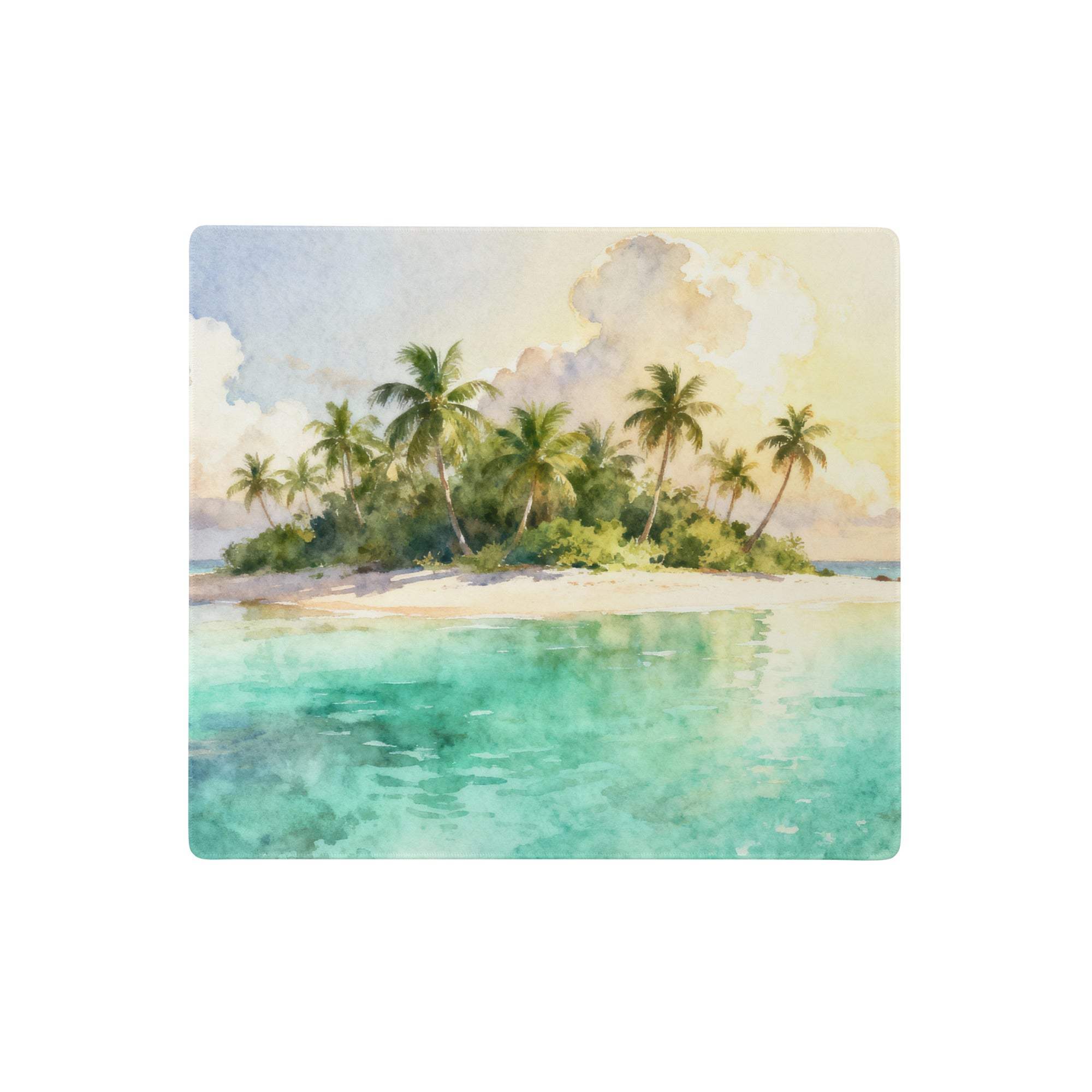 Square watercolor tropical island mouse pad with non-slip backing