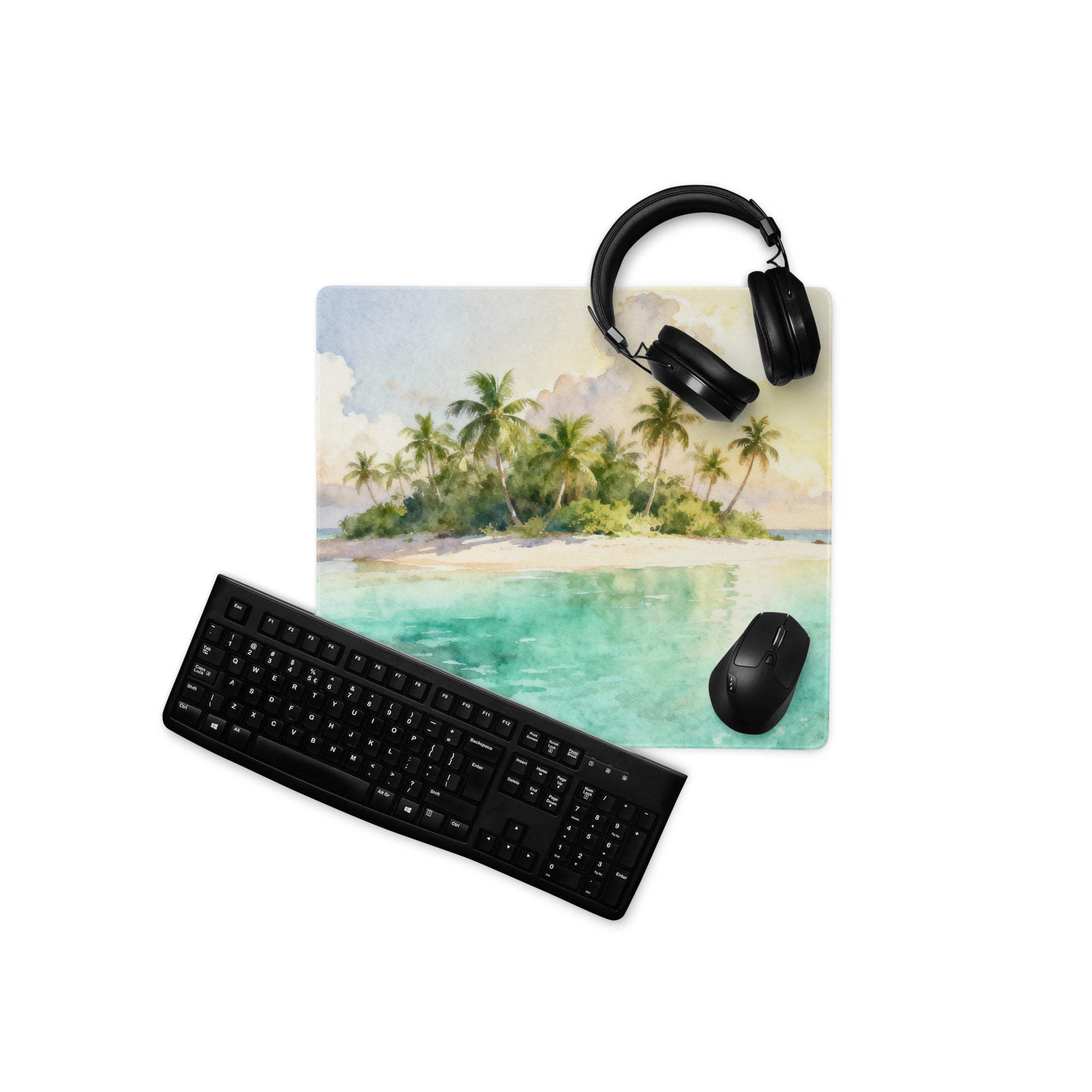 Watercolor tropical island gaming mouse pad with palm trees and turquoise waters