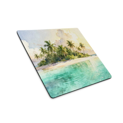 Square watercolor tropical island gaming mouse pad with turquoise waters, palms, non-slip backing
