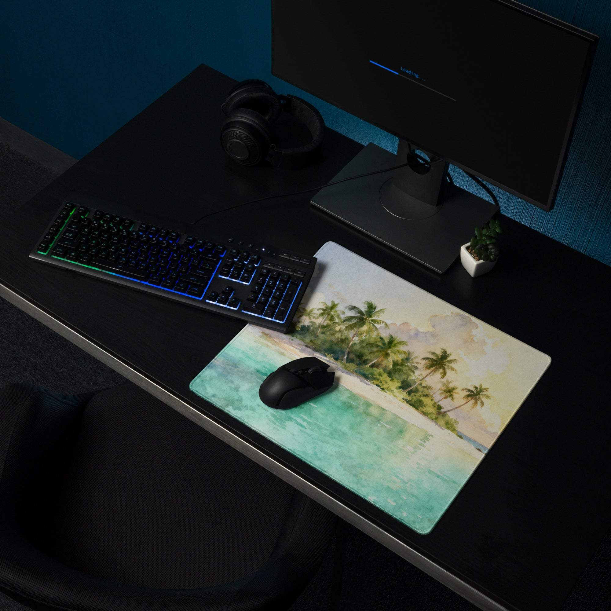 Beige teal tropical beach mousepad with palm trees, large non-slip gaming pad