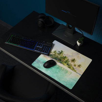 Beige teal tropical beach mousepad with palm trees, large non-slip gaming pad