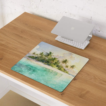 Watercolor tropical island gaming mouse pad with large size, non-slip backing