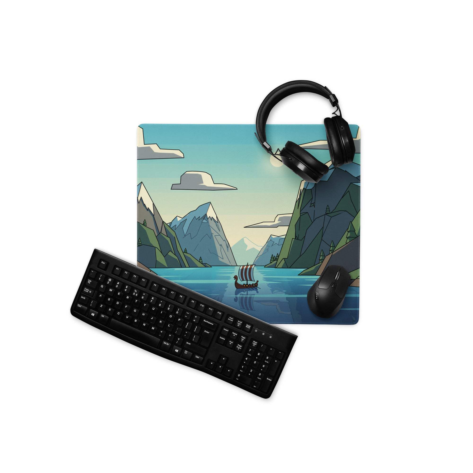 Epic mountain landscape gaming mouse pad with serene lake, Viking ship, non-slip base