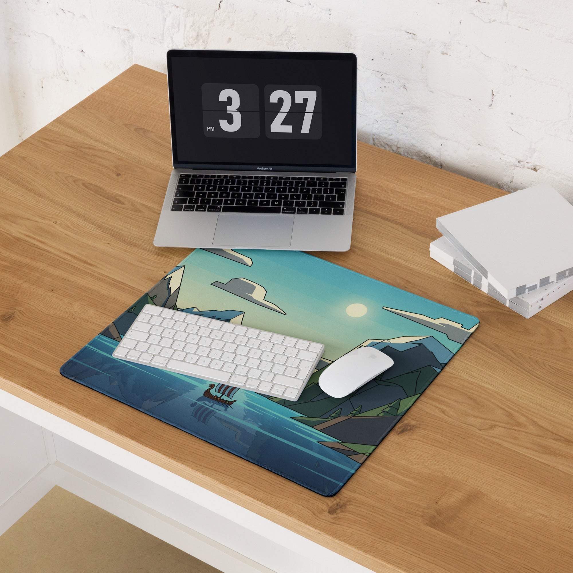 Blue green Viking ship mousepad on moonlit waters, large non-slip gaming pad