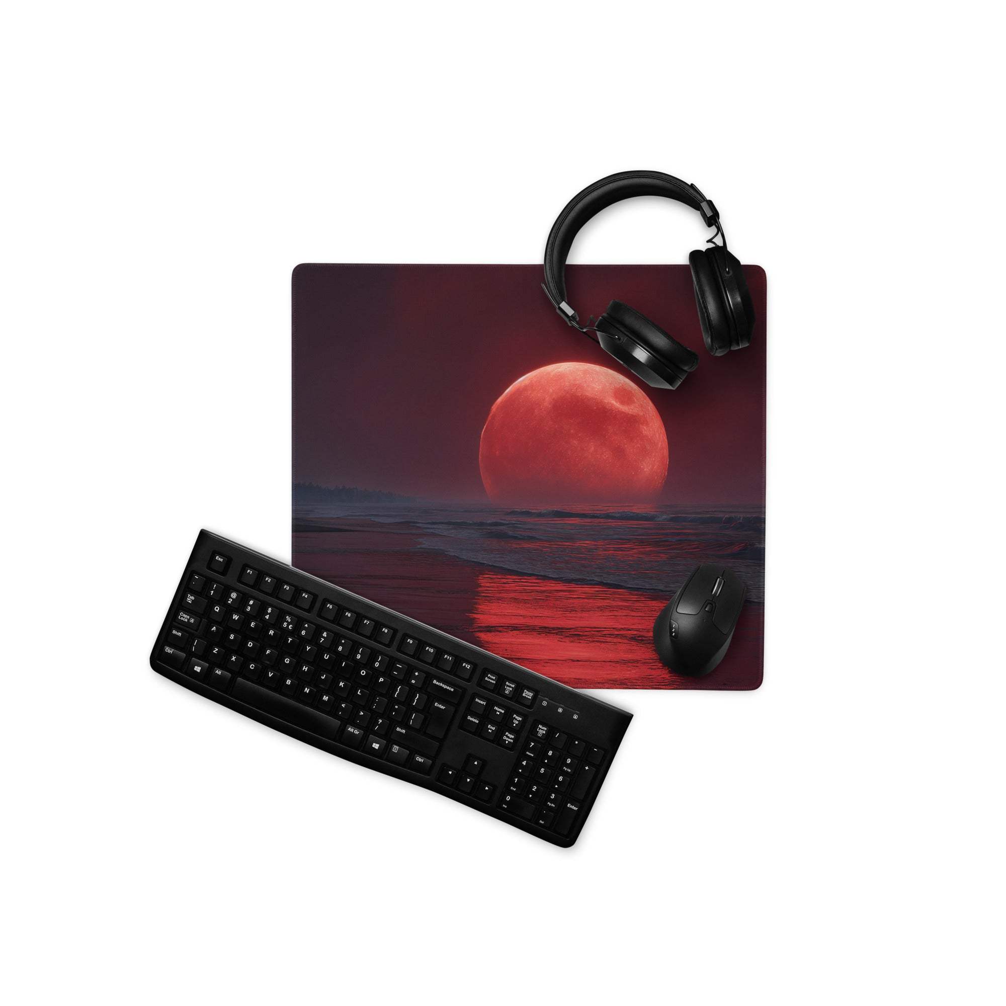 Epic large gaming mouse pad with red moonrise, black keyboard, headphones