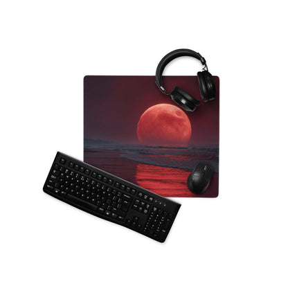 Epic large gaming mouse pad with red moonrise, black keyboard, headphones