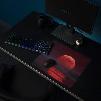Epic large gaming mouse pad with red moonrise and dark wood grain texture