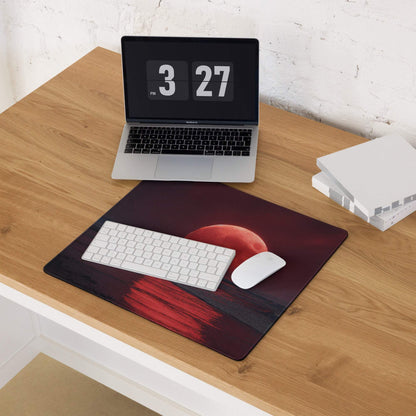 Epic large gaming mouse pad with red moon sunset design